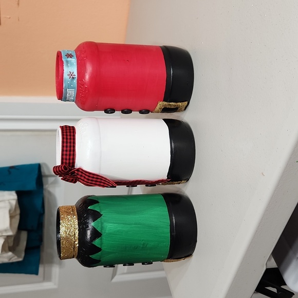 Hand Crafted/Upcycled Santa, Elf, Snowman Jar Set of 3 Holiday Decor - Picture 4 of 6